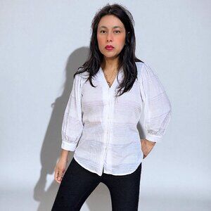 J. McLaughlin white semi sheer Estella ballon sleeve minimalist top W's S